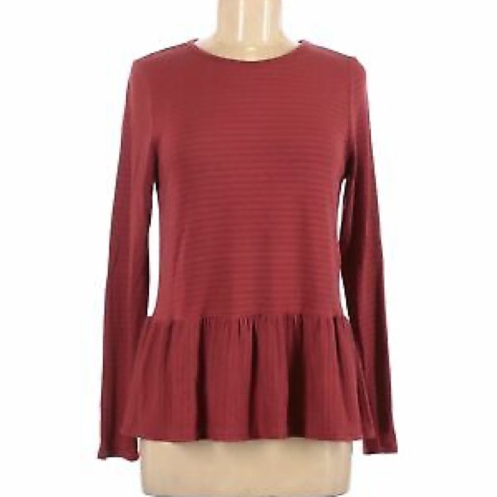 Rust brick peplum hem long sleeve babydoll top
